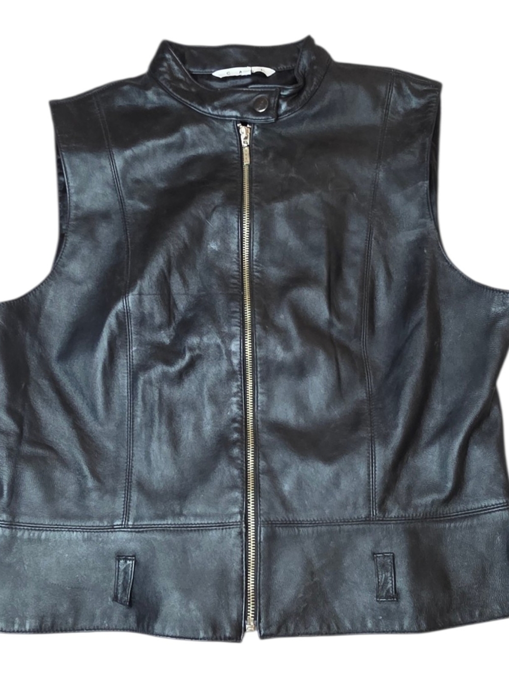 CAbi Women’s L Real Black Leather Full Zip Bomber Style Vest Size Large